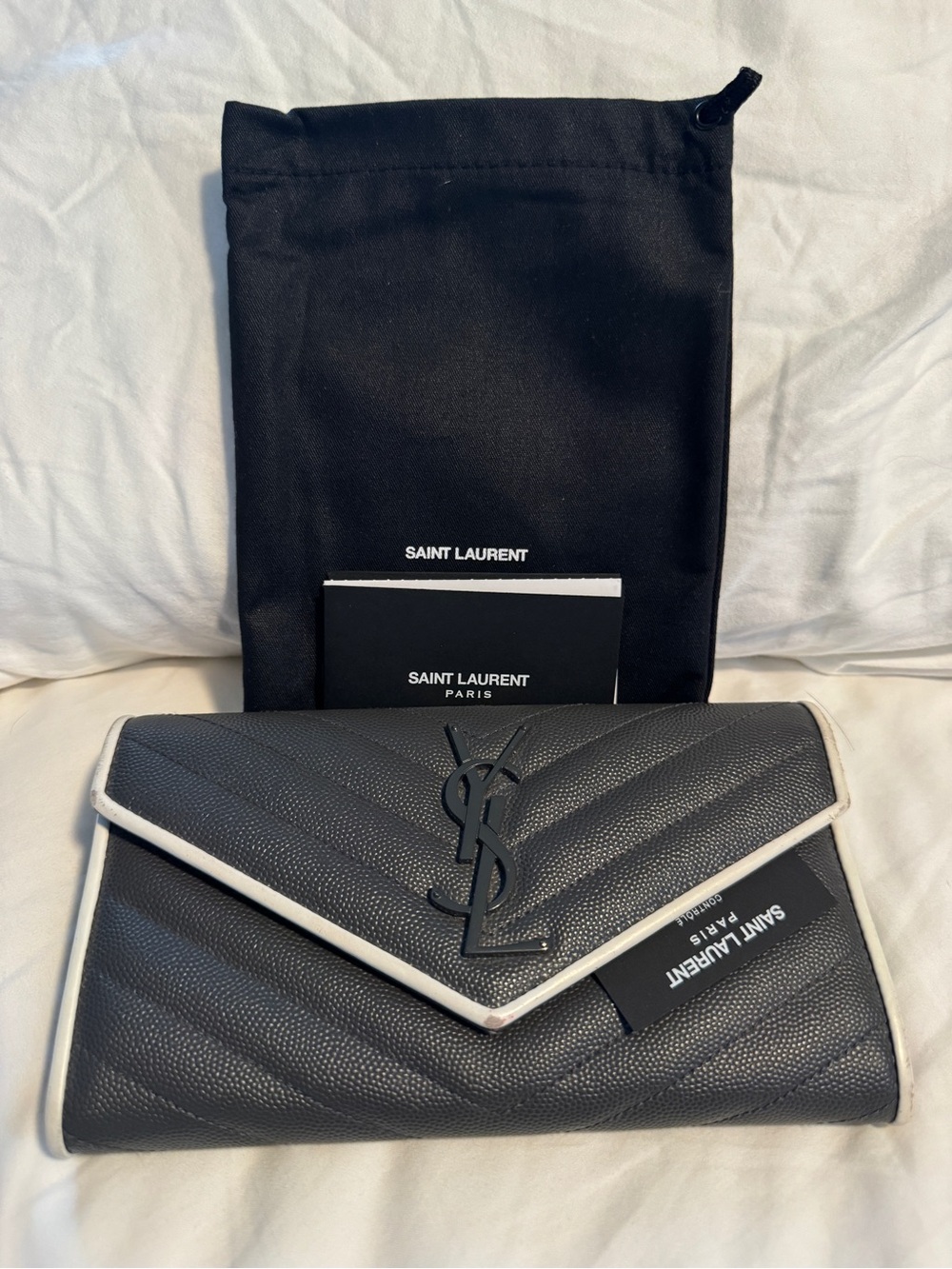 Saint Laurent Black Leather Long Wallet with White Trim - Picture 6 of 9